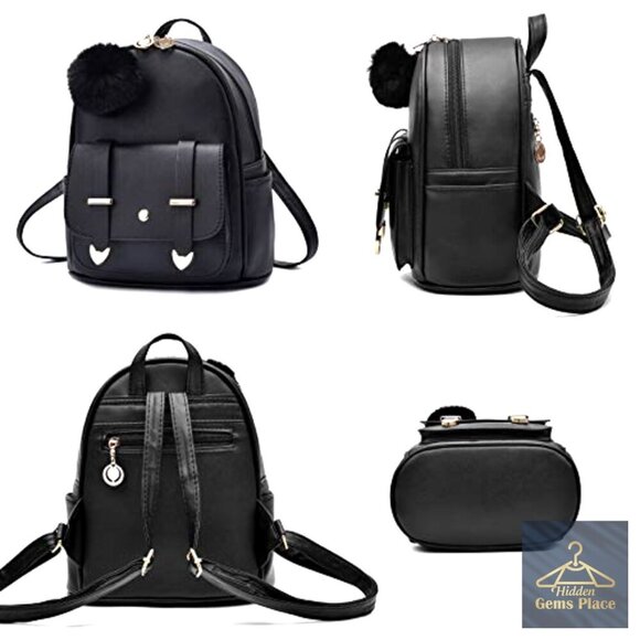Mini PU Leather Backpack with Pompom, Adjustable Straps, 6 Pockets, Water